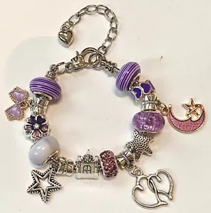 ❤️ Children's CHARM BEADS Bracelet ~ Purple & Silver Beads Silver Plated Chain❤️ - Picture 1 of 4
