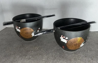 Cuencos de sopa japoneses negros dorados luna llena conejo liebre ramen fideos con palos-526 Foto 1 de 4