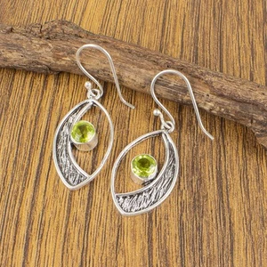 Round Natural PERIDOT 925 Silver Bezel Set Dangle Minimalist Earrings Jewelry - Picture 1 of 9