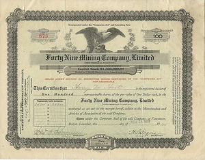 CANADA, Forty Nine Mining Company Ltd Stock Certificate 1919 British Columbia - Picture 1 of 2