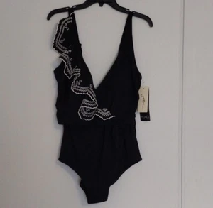 NWT Profile Gottex Black White Eyelet Ruffle V Neck One Piece Swimsuit 14 - Picture 1 of 9