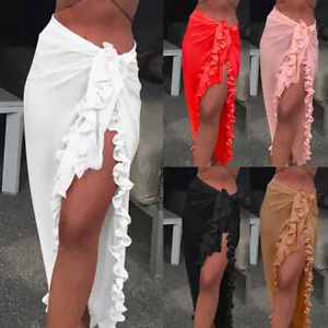 Women Bikini Cover Up Swimwear Dress Lady Beach Wrap Sheer Ruffles Sarong Skirt - Picture 1 of 18