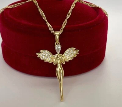 Edel Halskette Engelsflügel Anhänger Zirkonia Kristall 585er Gold 14K vergoldet - Bild 1 von 4