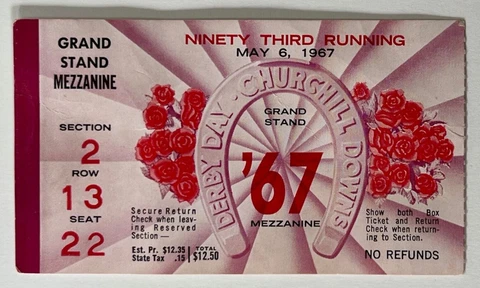TICKET STUB 93rd Running KENTUCKY DERBY May 6 1967 CHURCHILL DOWNS HORSE RACING Cover