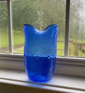 Cobalt Blue Hand Blown Art Glass 8" Contemporary Vase w/ Bubbles Pinch Top Bag - Picture 1 of 7
