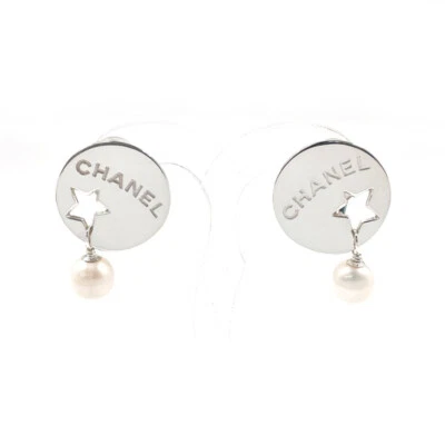 Pendiente Chanel Placa Redonda Logo Estrella Plata 925/Perla Falsa Joyería Vintage Foto 1 de 4
