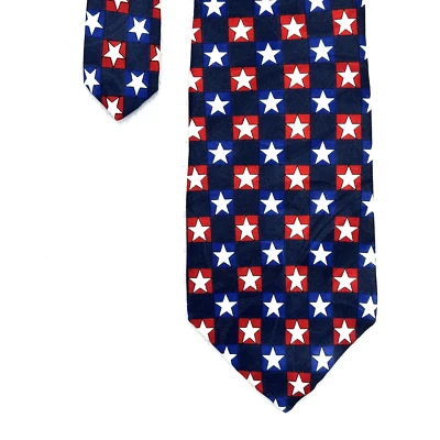 American Traditions Red White Blue Star Mens Silk Necktie 3.75x57.5” Made In USA - Image 1 of 4