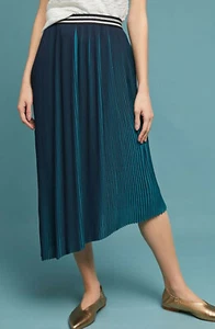 Anthropologie Navy Two-Toned Asymmetrical Hem Pleated Midi Skirt Size 6 NWT - Picture 1 of 4