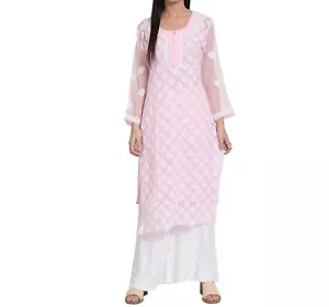 Chikankari Georgette Kurta Indian Embroidered Dress Women Pink Hand Embroidery - Picture 1 of 5