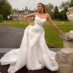 Luxury Strapless Mermaid Wedding Dresses With Detachable Train Sleeveless Pearls - Picture 1 of 10