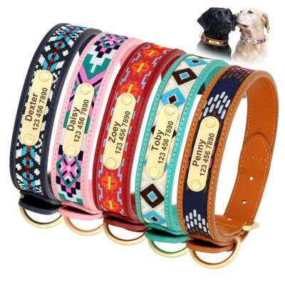 Personalized Dog Collar Fancy Pattern Custom Nameplate Engraved Genuine Leather - Image 1 of 4