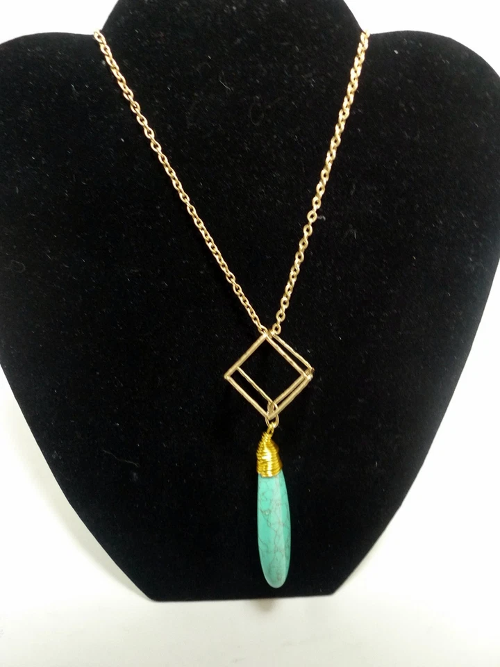 3d Geometric 30" Necklace Beaded Turquoise Pendant Gold Tone by Canvas