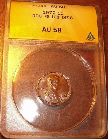 1972 Doubled Die Obverse # 8 (FS-108) Lincoln Cent certified by ANACS as AU 58 Cover