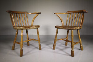 Rare Pair of Original Low Back Georgian Antique Windsor Chairs