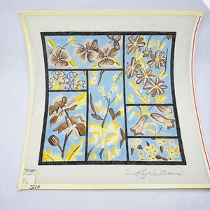 Reflections Yellow Brown Floral Window Panes Handpainted Needlepoint Canvas 14ct - Picture 1 of 7