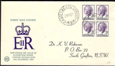 1957 Australia QEII Elizabeth 7 1/2d Block 4 WESLEY FDC - Image 1 of 3