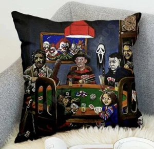 Funda Cojín Suave Juego Poker Terror Años 80 45x45cm - Chucky, Freddy, Jason - Imagen 1 de 1