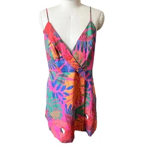 Farm Rio Linen Bright Macaw Side Buttons Mini Dress Size Large - Picture 1 of 8