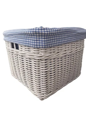 Pottery Barn Kids White Sabrina Wicker Basket 12x12x10 with Blue Gingham liner - Image 1 of 4
