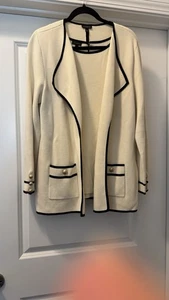 Suéter cárdigan Talbots para mujer L mezcla de algodón negro recortado blanco 2 piezas - Imagen 1 de 9