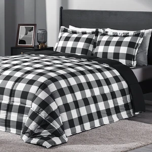 Lightweight Plaid Comforter Set (Queen) with 2 Pillow Shams - 3-Piece Set - Blac - Picture 1 of 8