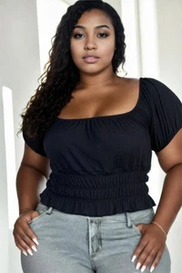 Plus size casual ruched puff sleeve ribbed knit solid top - Picture 1 of 7