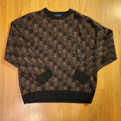 Vintage Towncraft Brown Black Geometric Knit Crewneck Sweater Grandpa Preppy XL - Image 1 of 4