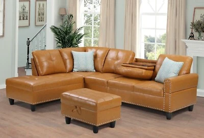 Sofá seccional en forma de L PU imitación cuero lino salón sofá almacenamiento otomano Foto 1 de 4