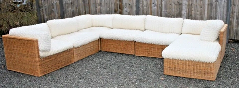 Vtg 70's MCM Rattan Wicker Coastal Couch Sofa Sectional Modular Comfort Designs Cover