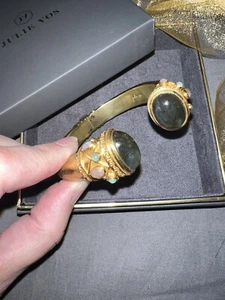 Julie Vos Hinged Bangle Cuff Bracelet Real Labradorite/RoseQuartz/chalcedony WOW - Picture 1 of 9