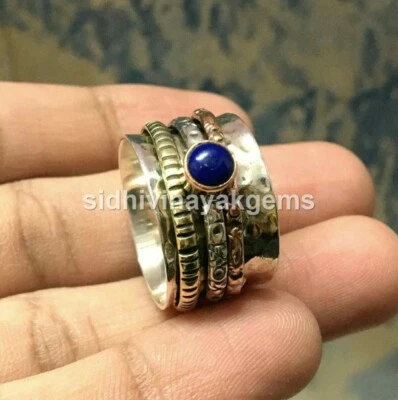 925 Sterling Silver Spinner Natural Lapis Gemstone Ring Brass Band Jewelry '2lk - Image 1 of 2