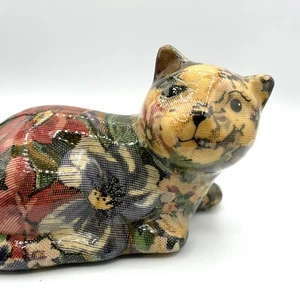 Chintz Style Ceramic Glazed Fabric Laying Cat Floral Yellow Face Reds Blues - Picture 1 of 11