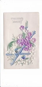 blaues Kreuz lila Blumen Glocken Ostergrüße antik Postkarte erhabenes Design - Bild 1 von 2
