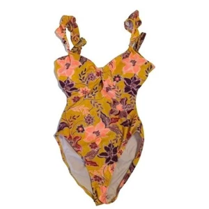 Yellow Pink Floral Swimsuit One Piece Monokini Cutout Back Padded Suit Large - Picture 1 of 15