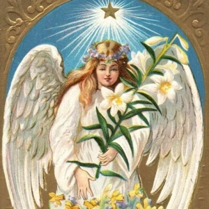 c.1909 Easter Greeting Postcard Angel Wings Lamb 5 Point Star of Bethlehem Lily - Picture 1 of 3