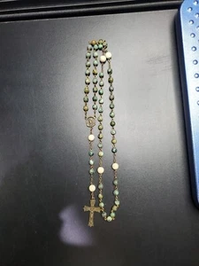 Semi Preziosa Pietra Amazzonite Rosario Simbolo Centro Argento Crocifisso Celtico - Foto 1 di 8