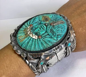 Bracciale americano in argento sterling turchese capo intagliato a mano - Foto 1 di 4
