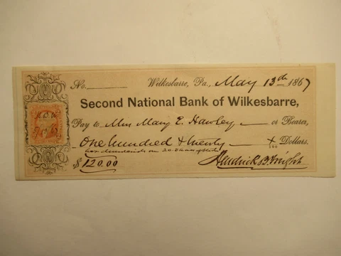 1867 Second National Bank of Wilkesbarre Check Cover