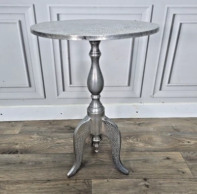 Retro Vintage Round Aluminum Wine Table - Alloy Side Occasional Floral Hammered - Image 1 of 4