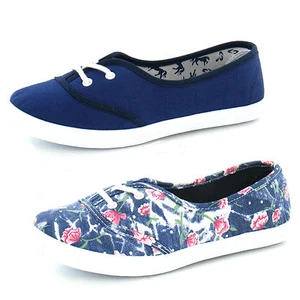 Ladies F8792 Flat Navy Floral Lace Up Casual Canvas Shoes by Spot On - Picture 1 of 17