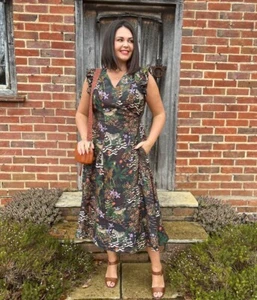 X Oliver Bonas Midi Dress Full Wrap Fit Flare Safari Animal Print Pockets 6 8 10 - Picture 1 of 7