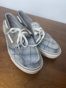 Womens Sperry Top Side Blue Grey Plaid Slip on Shoes Sz 8 - Picture 1 of 9