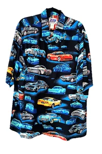 REYN SPOONER Sports EDDYY Size XXL Luxury Cars Hawaiian Shirt Black Blue 2XL - Picture 1 of 11