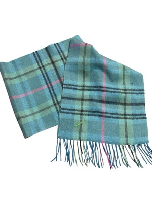 "Amicale 100% Merino Wool Scarf Green Plaid Fringe 32"" x 13""" - Image 1 of 4