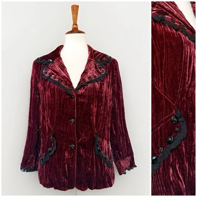 Chaqueta Blazer Y2K Alberto Makali Terciopelo Borgoña Rojo Cuentas Arrugado Para Mujer Talla L Foto 1 de 4