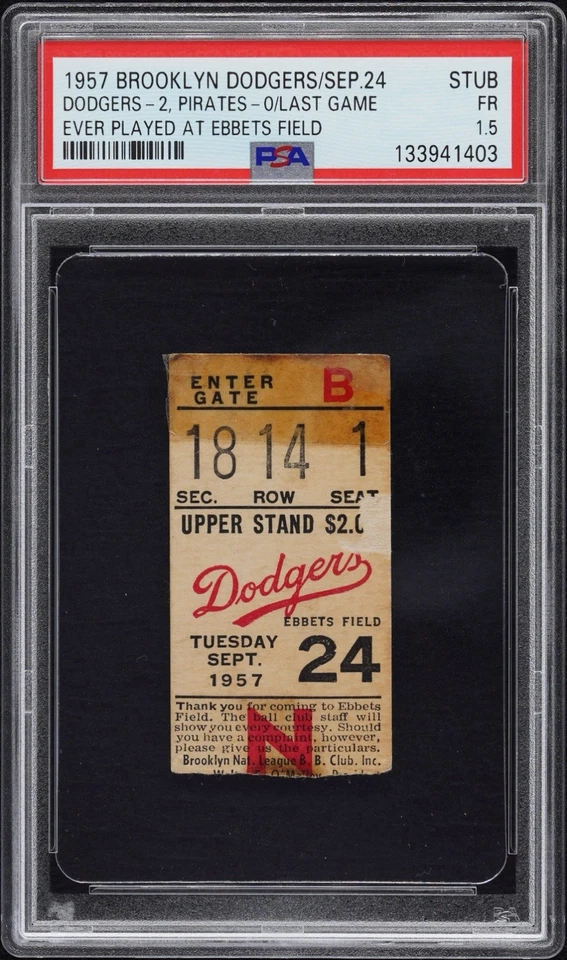1957 年最后一场比赛在 EBBETS Field 门票 9/24/57 道奇对海盗 PSA — 第 1/4 张图片