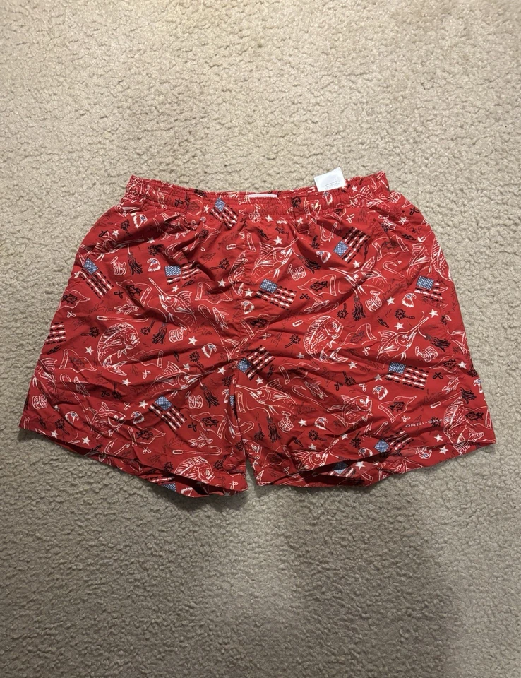 Pantalones Cortos de Pesca Columbia PFG Omni-Sombra Para Hombres Medianos Rojo EE. UU. Estampado de Peces Foto 1 de 4