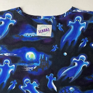 S.C.R.U.B.S. Scrub Top Size Medium Halloween Ghosts Nighttime Moon Ship Print - Picture 1 of 8