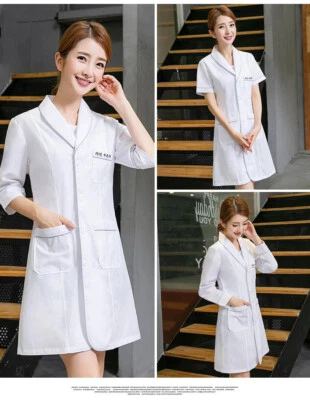 Roupas de trabalho femininas enfermeira médica vestido branco esteticista casaco de laboratório - Imagem 1 de 4