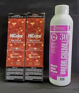 L'Oreal Hicolor Browns H1 Coolest Brown 1.74oz (2 Pack) & 8oz 30 Vol Oreor Creme - Picture 1 of 3